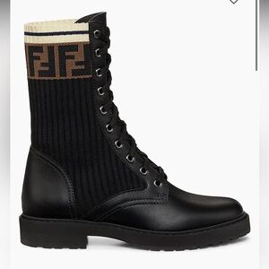 Fendi Rockoko Leather & Knit Combat Boots Authentic